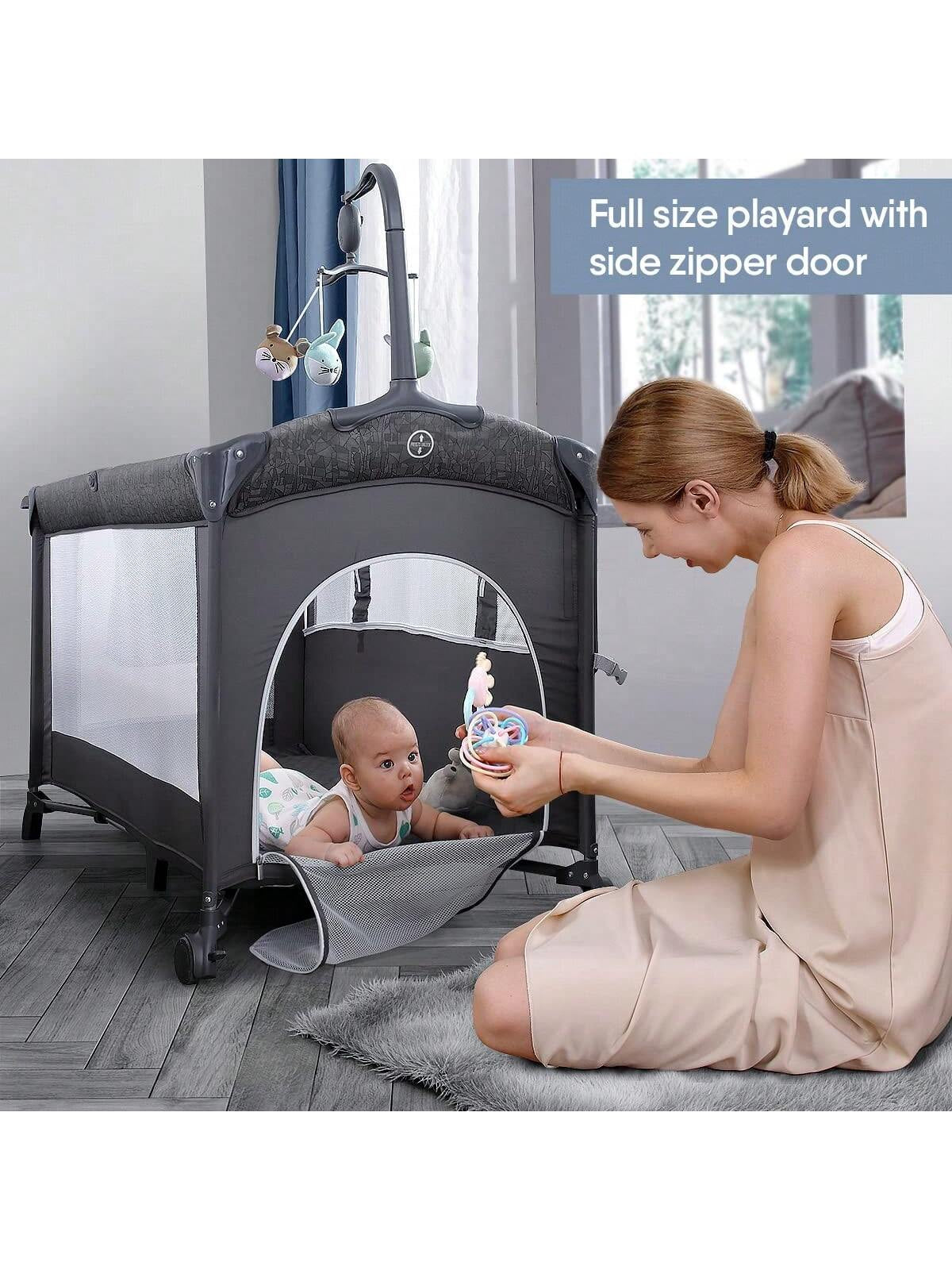 ADOVEL Baby Bassinet Bedside Crib, Pack and Play with Mattress, Diaper Changer and Playards from Newborn to Toddles