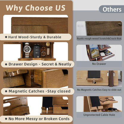 Gifts for Men Him Husband Dad, Wood Phone Docking Station with Drawer, Christmas Xmas Birthday Anniversary Men Him Husband Boyfriend Gifts from Girlfriend, Mens Nightstand Organizer Presents Ideas