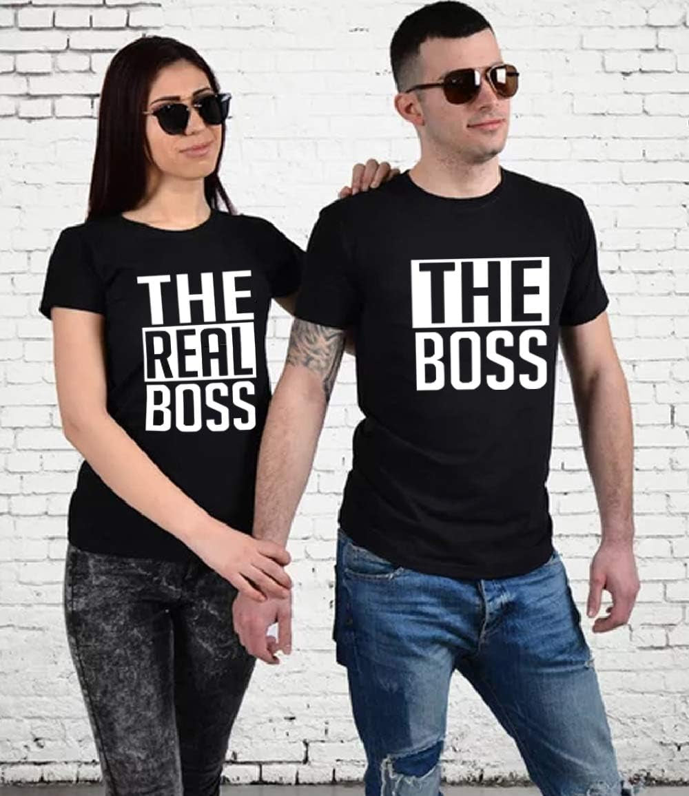 Matching Couple T-Shirts - His & Her - the Boss & the Real Boss -Letter Print - Short Sleeve - T-Shirt