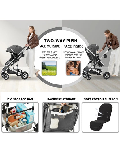 Kinder King 2 in 1 Convertible Baby Stroller, Folding High Landscape Infant Carriage, Newborn Reversible Pram, Adjustable Canopy, Diaper Bag