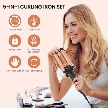 5-In-1 Hair Waver Curling Iron,3 Barrel Hair Crimper with Fast Heating Up