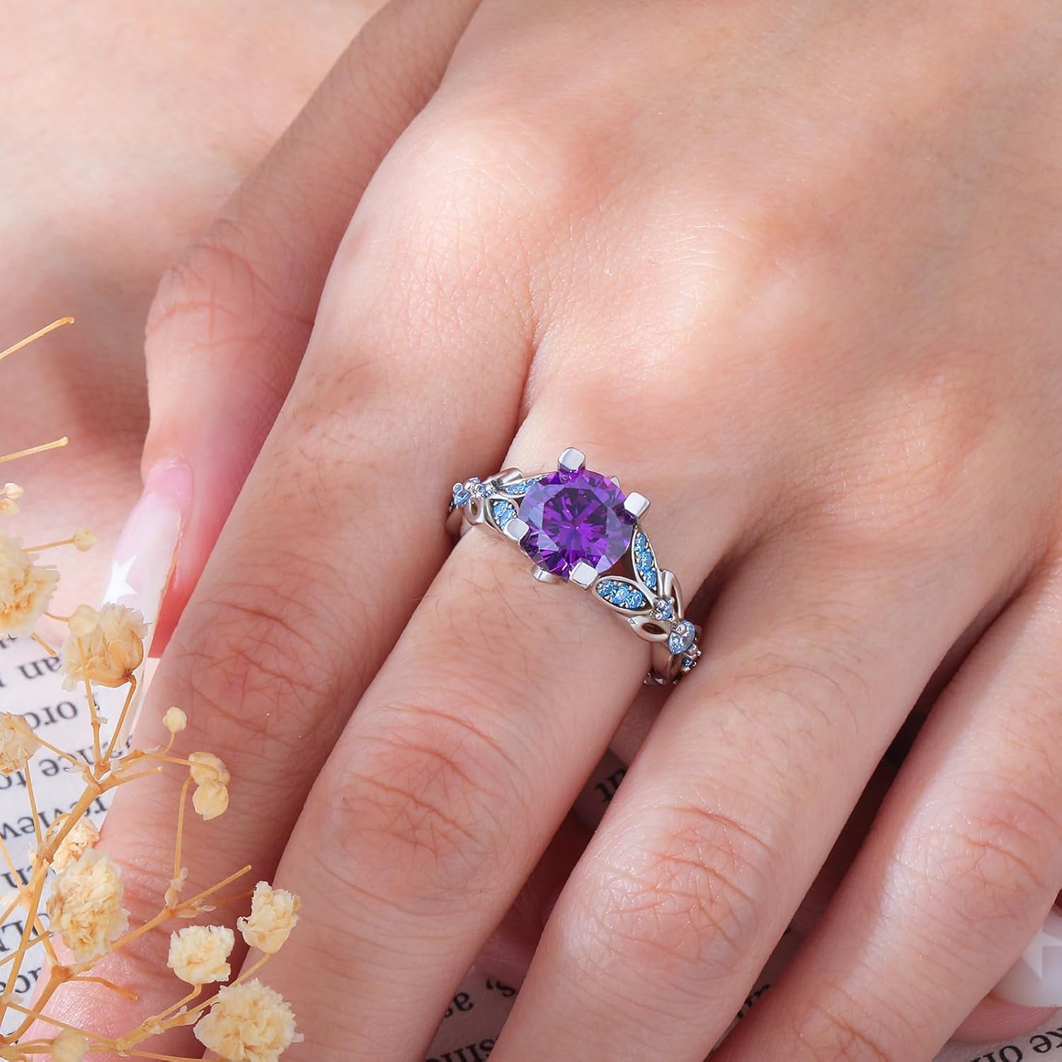 4.3 Carat Personalized Sterling Silver Butterfly Rings for Women Purple Amethyst Bridal round Cut Wedding Engagement Eternity Valentine'S Promise Ring Set