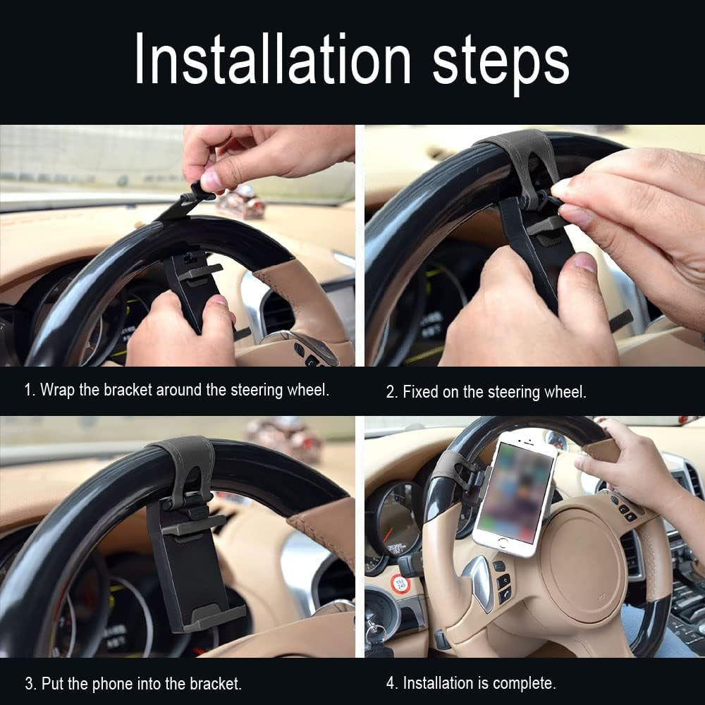 Car Phone Holder - Adjustable Car Cradle, Steering Wheel Phone Mount, Universal Mobile Phone Mount, Hands Free Automobile Cell Phone Holder for Most Steering Wheels (Black)