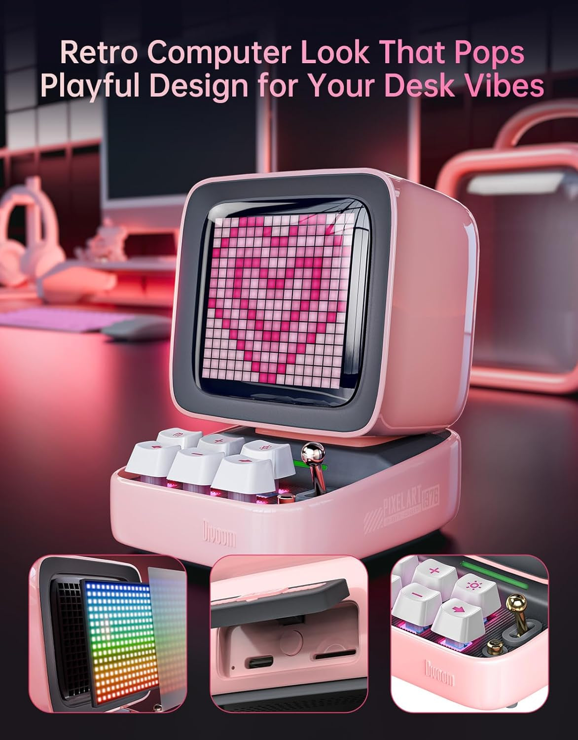 Ditoo Retro Pixel Art Game Bluetooth Speaker with 16X16 LED App Controlled Front Screen (Pink)