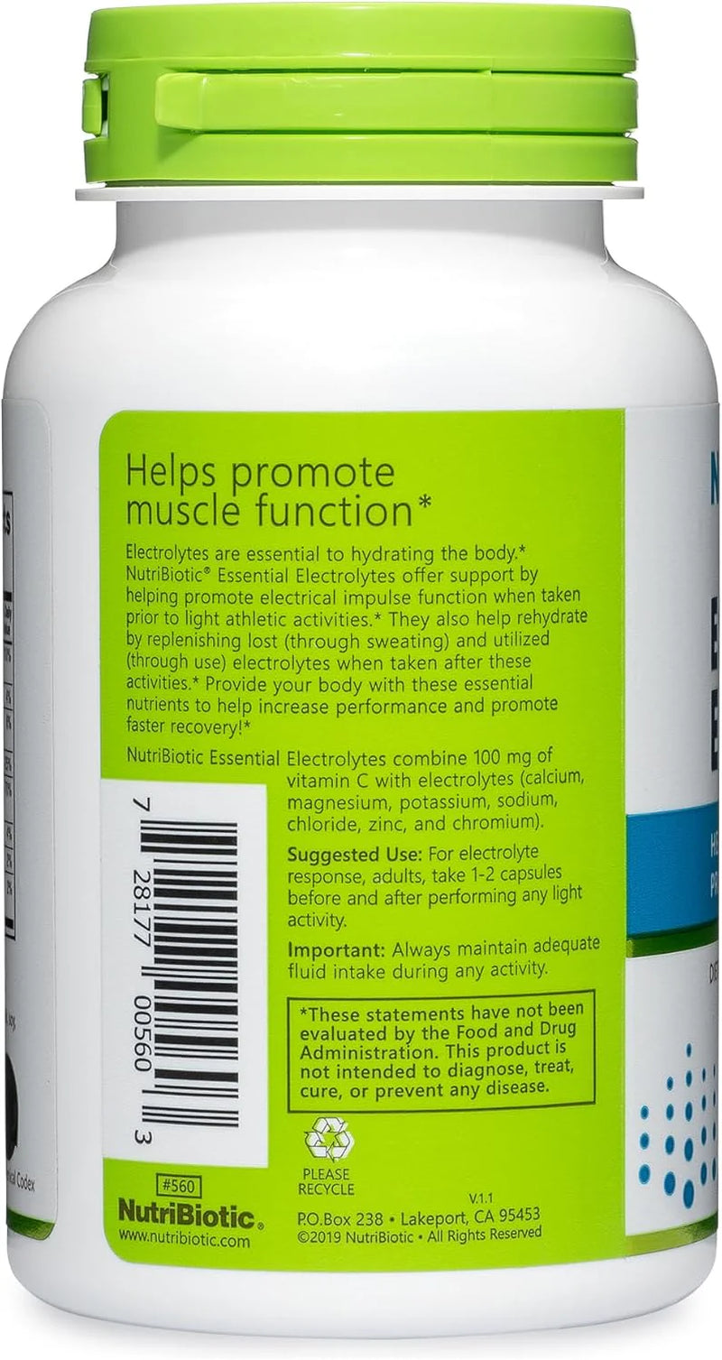 Nutribiotic Essential Electrolytes, 100 Ct Capsules | Supports Increased Performance & Faster Recovery | Pharmaceutical Grade Vitamin C with Electrolytes for Rehydration | Vegan, Gluten-Free & Non-Gmo