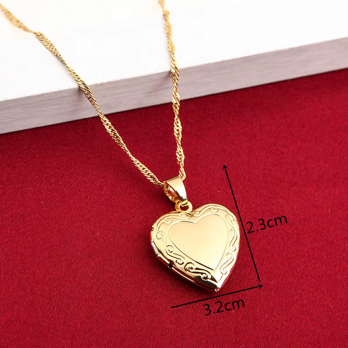 Valentines Gift Heart Locket Pendant Necklace 24K Gold Color Romantic Fancy Heart Jewelry for Women