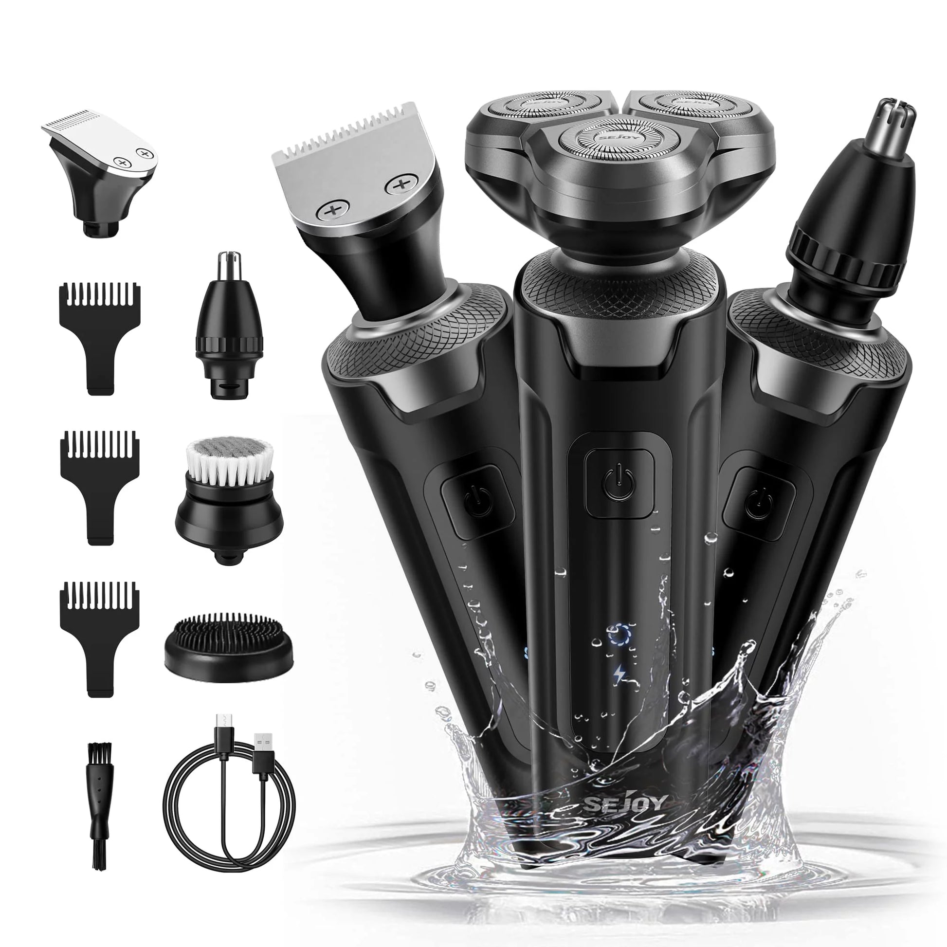 Men'S Electric Shaver, 5 in 1 Rotary Razor Trimmer, Cordless Rechargeable Waterproof, Black