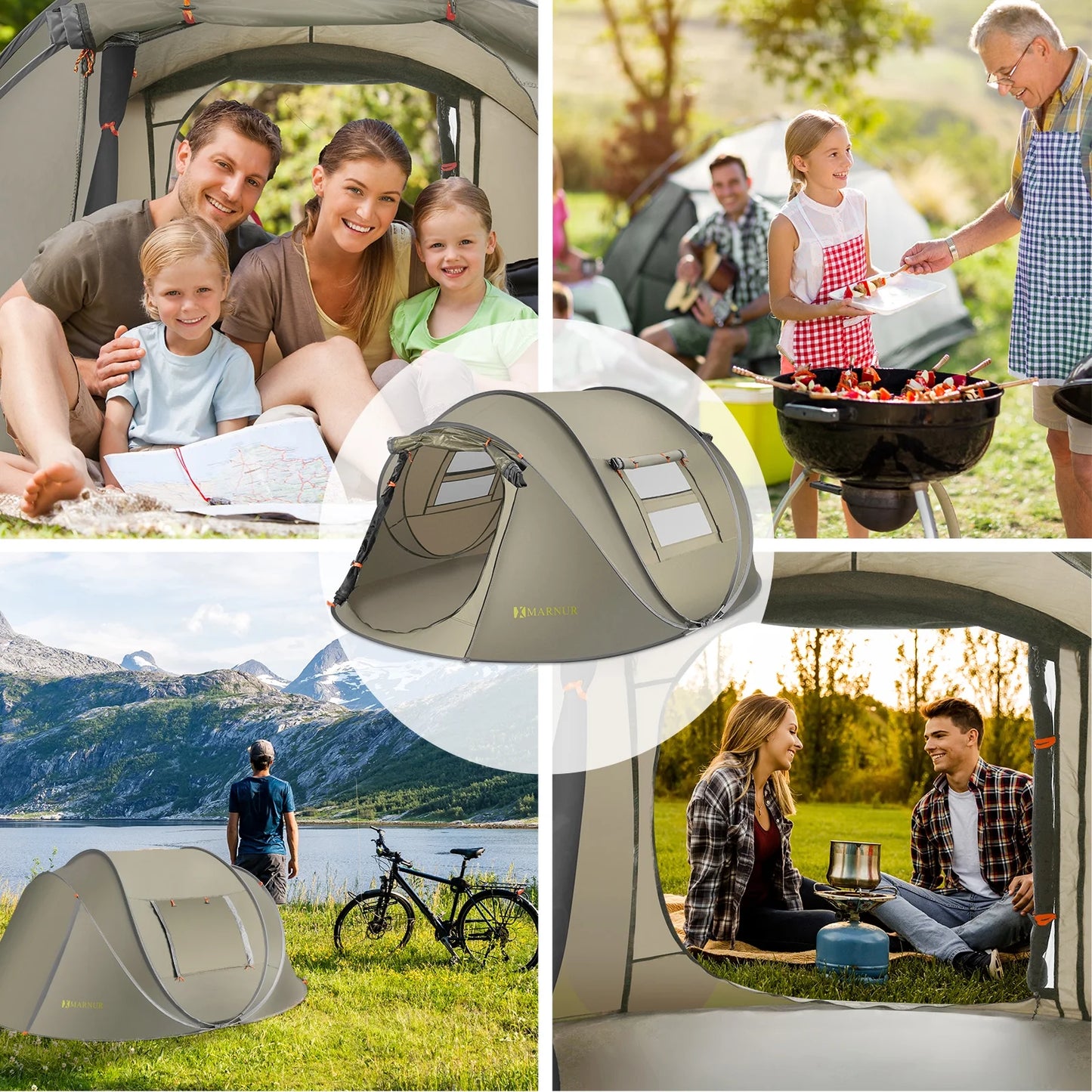 Instant Tent 4-Person Camp Tent, Auto Setup Pop up Tent, Pordable, Huge Door & Windows, Outdoor, Green