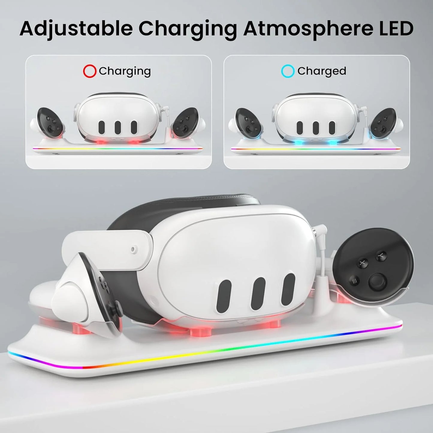 VR Charging Dock for Meta Quest 3, Fast Charging Station with Colorful RGB Light for Oculus Quest 3, Magnetic Charging Stand for VR Headset and Touch Controllers with 2 Rechargeable Batteries, White