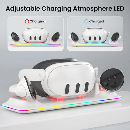 VR Charging Dock for Meta Quest 3, Fast Charging Station with Colorful RGB Light for Oculus Quest 3, Magnetic Charging Stand for VR Headset and Touch Controllers with 2 Rechargeable Batteries, White
