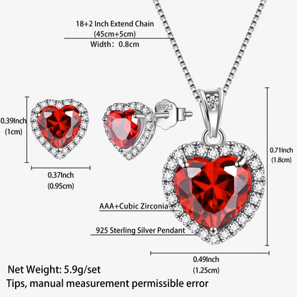 Red Heart Women Jewelry Sets Garnet January Birthstone Jewelry Set Necklace Earrings 925 Sterling Silver Pendant Mother Birthday Christmas Valentines Gifts Idea