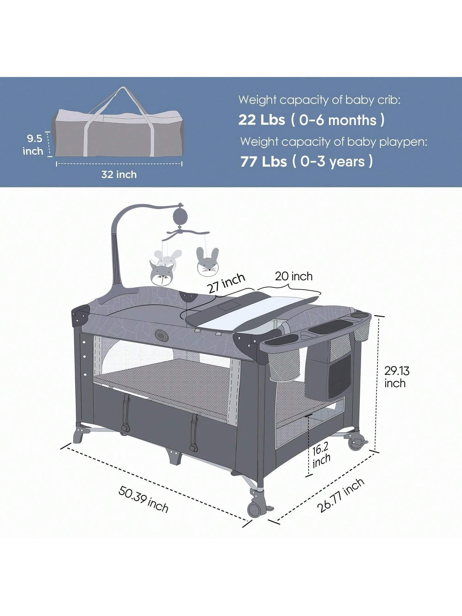 ADOVEL Baby Bassinet Bedside Crib, Pack and Play with Mattress, Diaper Changer and Playards from Newborn to Toddles